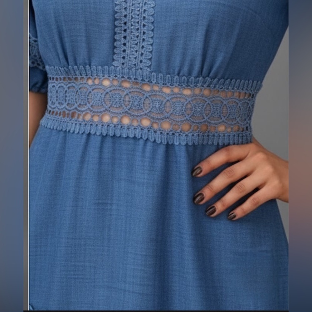 Lace Insert Trim Puff Sleeve Mini Dress Blue - Picture 3 of 9